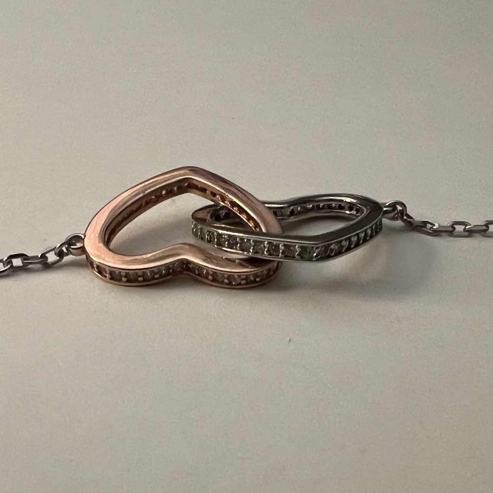 2 Hearts Joined Together Necklace, 11” Total Length, Silver